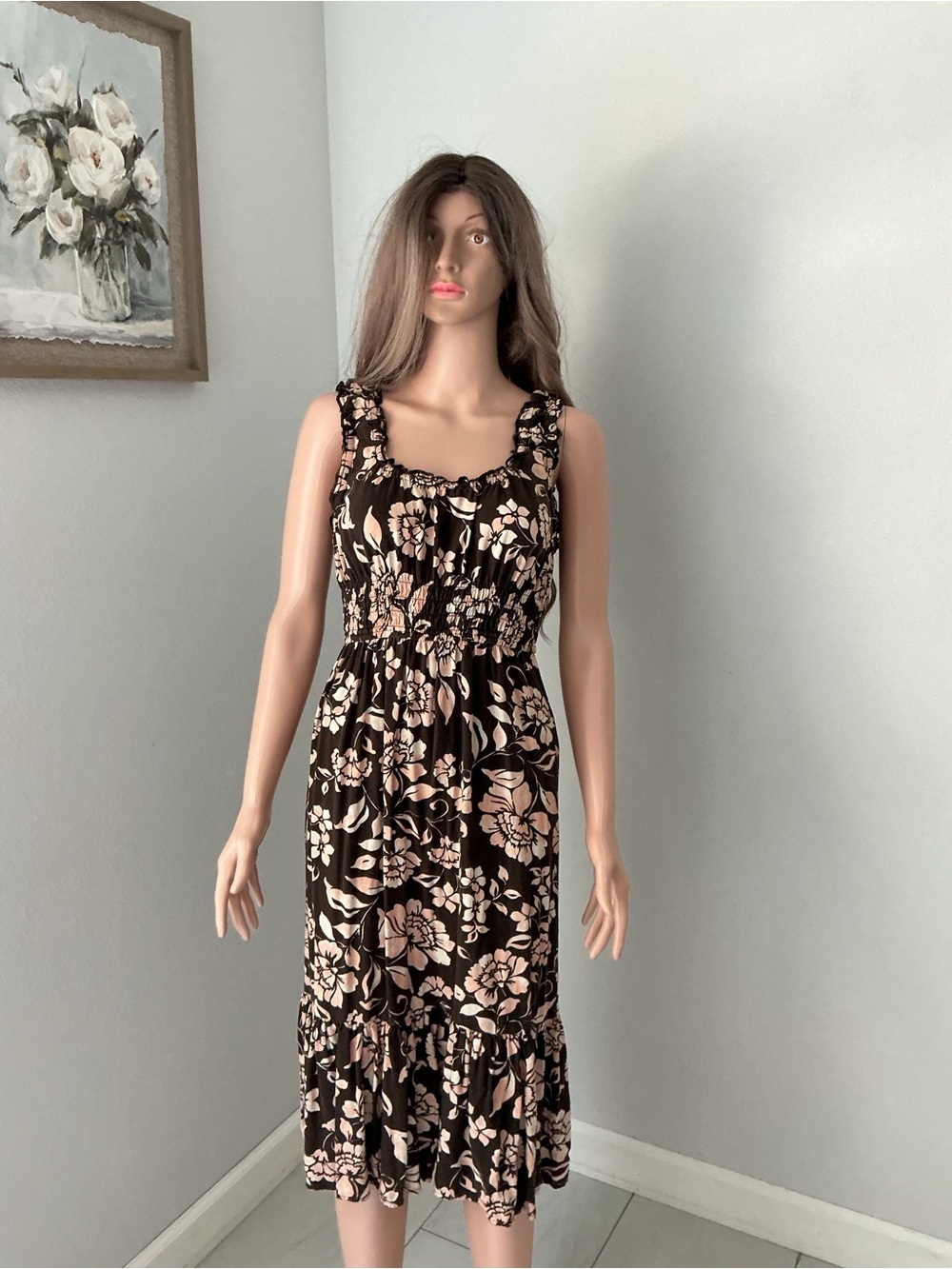 Patrons of Peace Black Midi Dress with Blush Floral Print